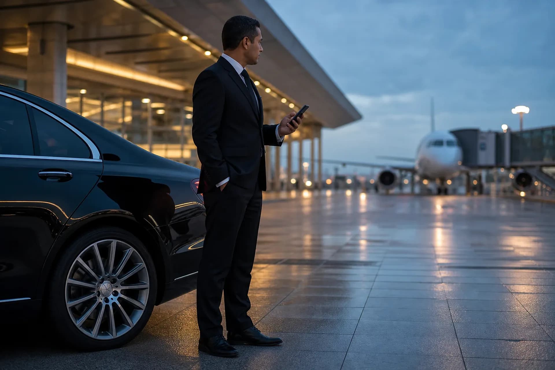 Flight-aware chauffeur service beside a black premium saloon