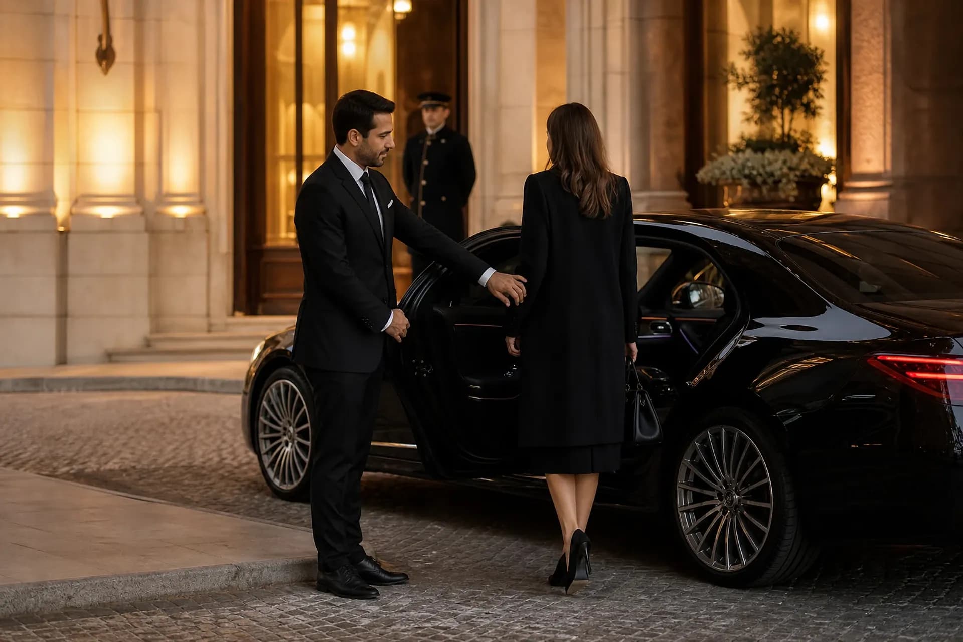 Professional chauffeur opening a premium saloon at a hotel